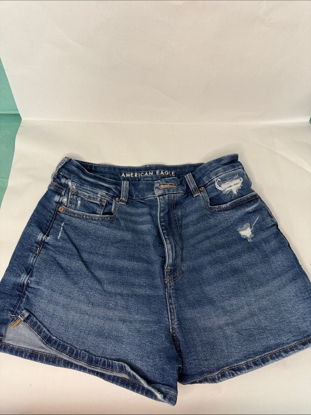 American Eagle Outfitters Distressed High-Rise Denim Shorts - Dark Blue